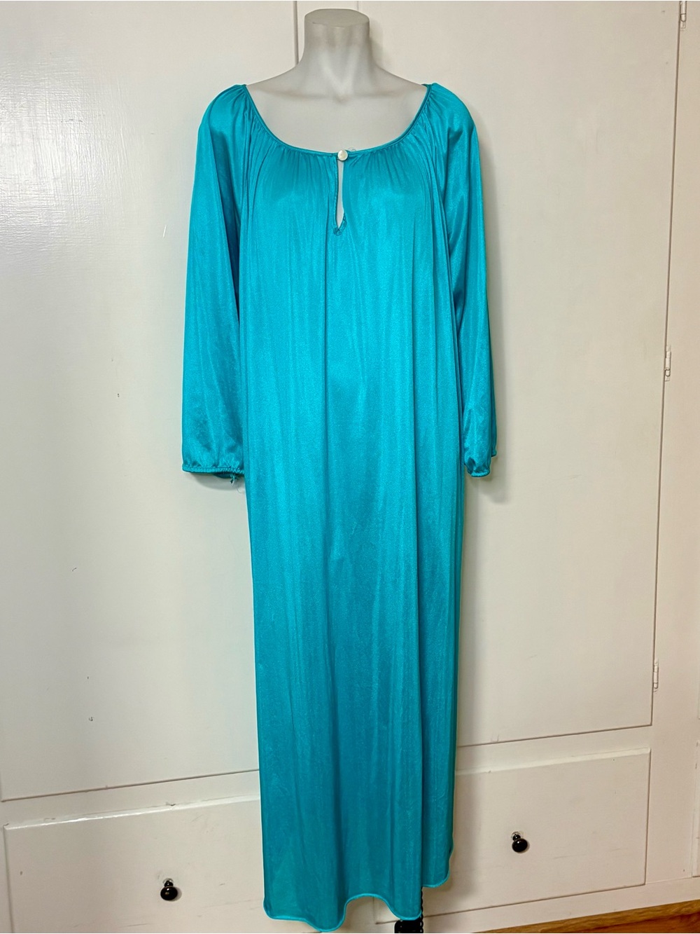 Vintage 80s Blue Green 3/4 Sleeve Nylon Simple Maxi Nightgown